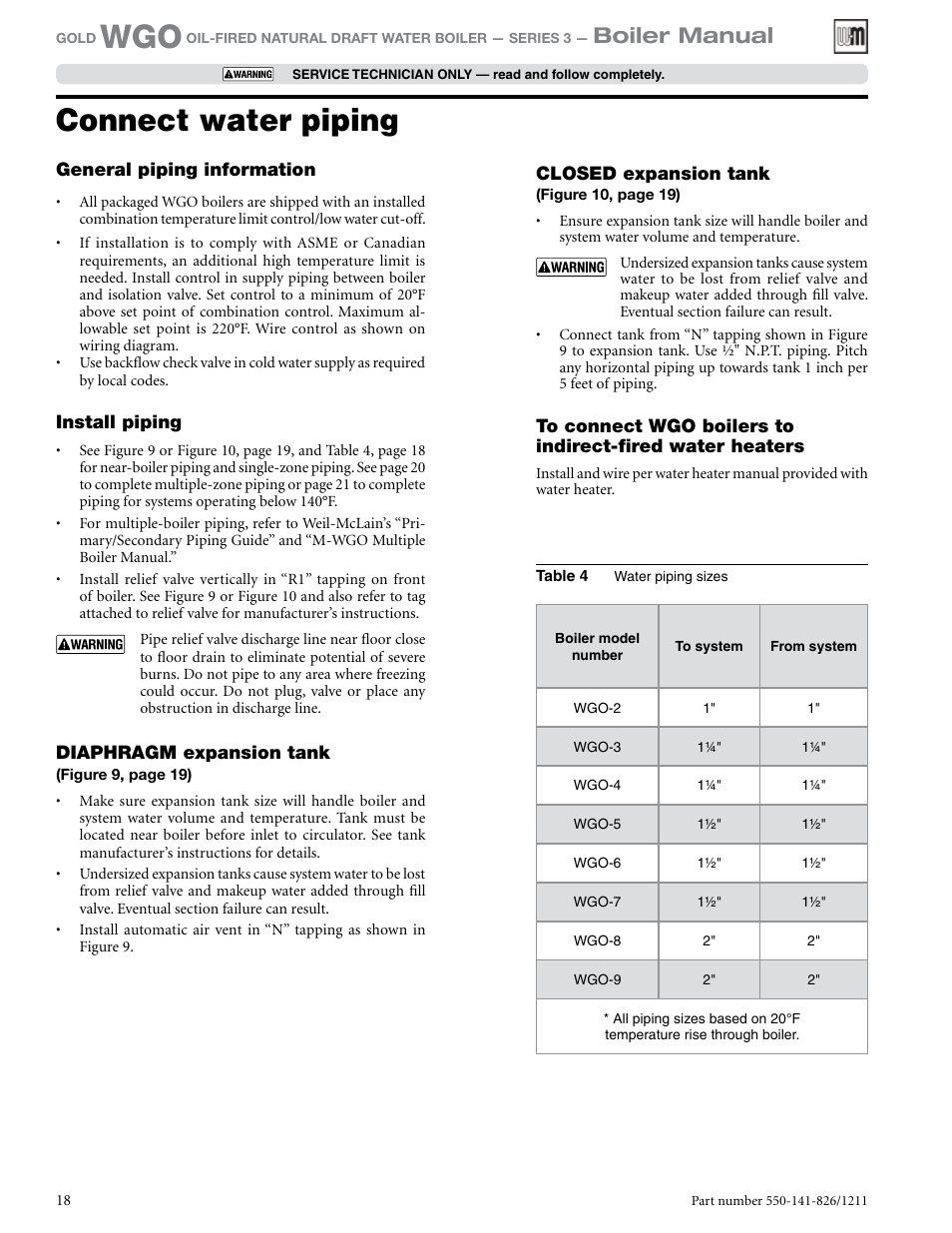 Connect water piping, Boiler manual | Weil-McLain 550-141-826/1201 User Manual | Page 18 / 44