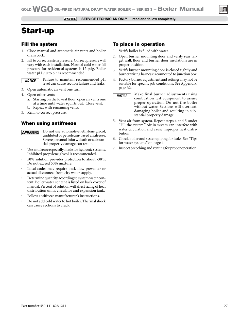 Start-up, Boiler manual | Weil-McLain 550-141-826/1201 User Manual | Page 27 / 44