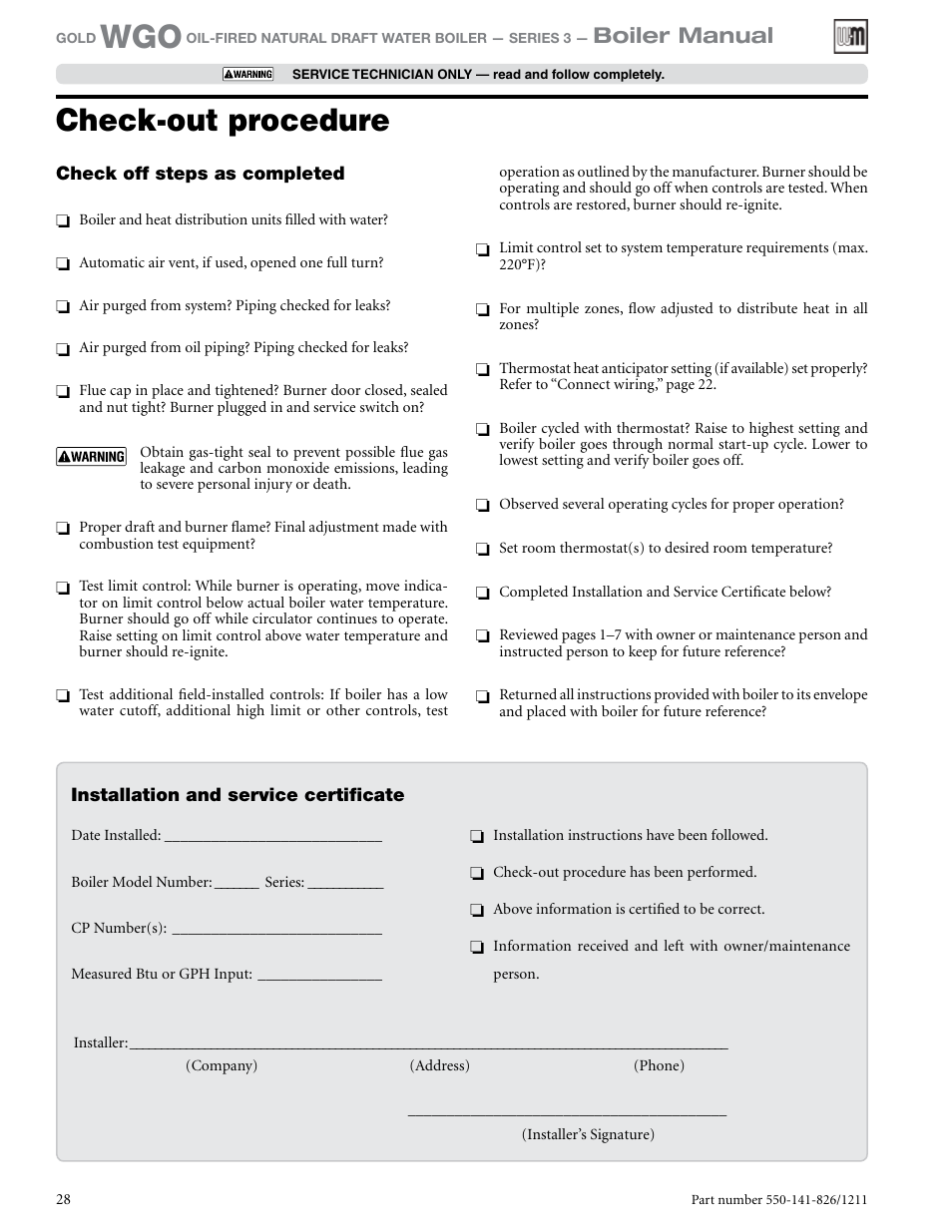 Check-out procedure | Weil-McLain 550-141-826/1201 User Manual | Page 28 / 44