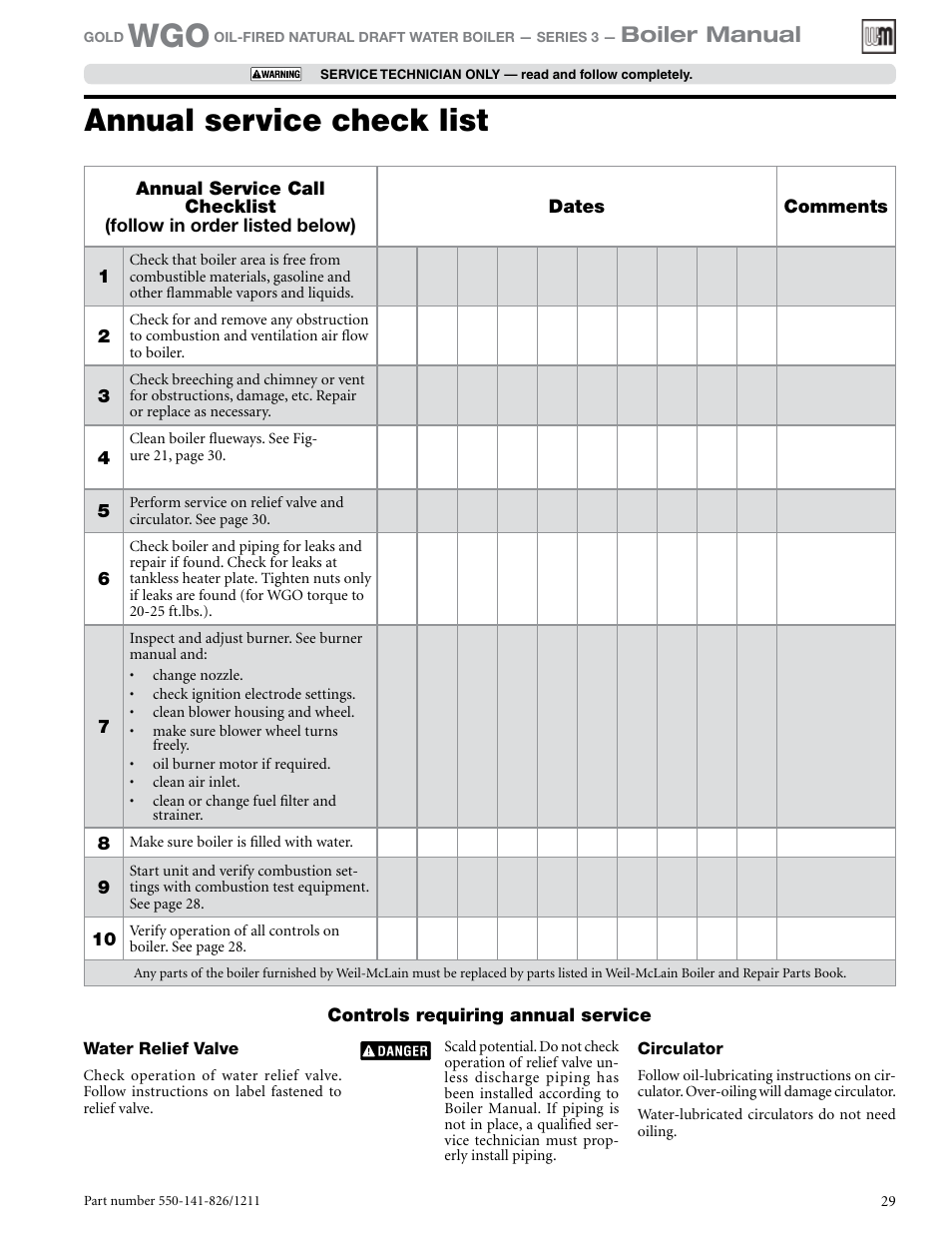 Annual service check list, Boiler manual | Weil-McLain 550-141-826/1201 User Manual | Page 29 / 44
