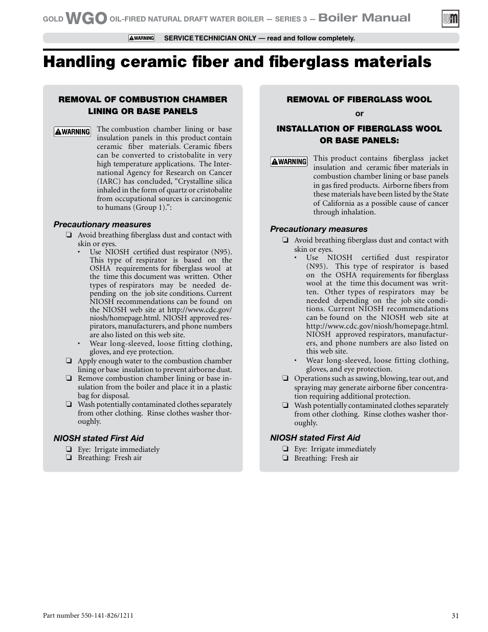 Handling ceramic fiber and fiberglass materials, Boiler manual | Weil-McLain 550-141-826/1201 User Manual | Page 31 / 44