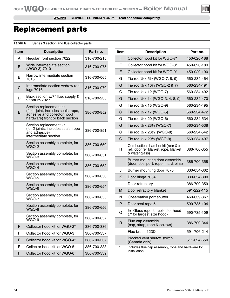 Replacement parts, Boiler manual | Weil-McLain 550-141-826/1201 User Manual | Page 34 / 44