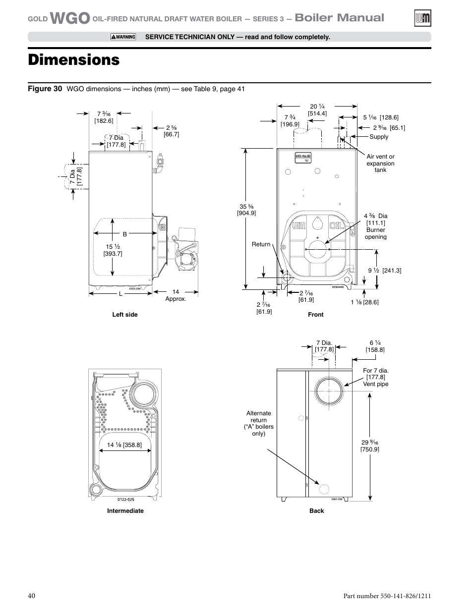 Dimensions, Boiler manual | Weil-McLain 550-141-826/1201 User Manual | Page 40 / 44