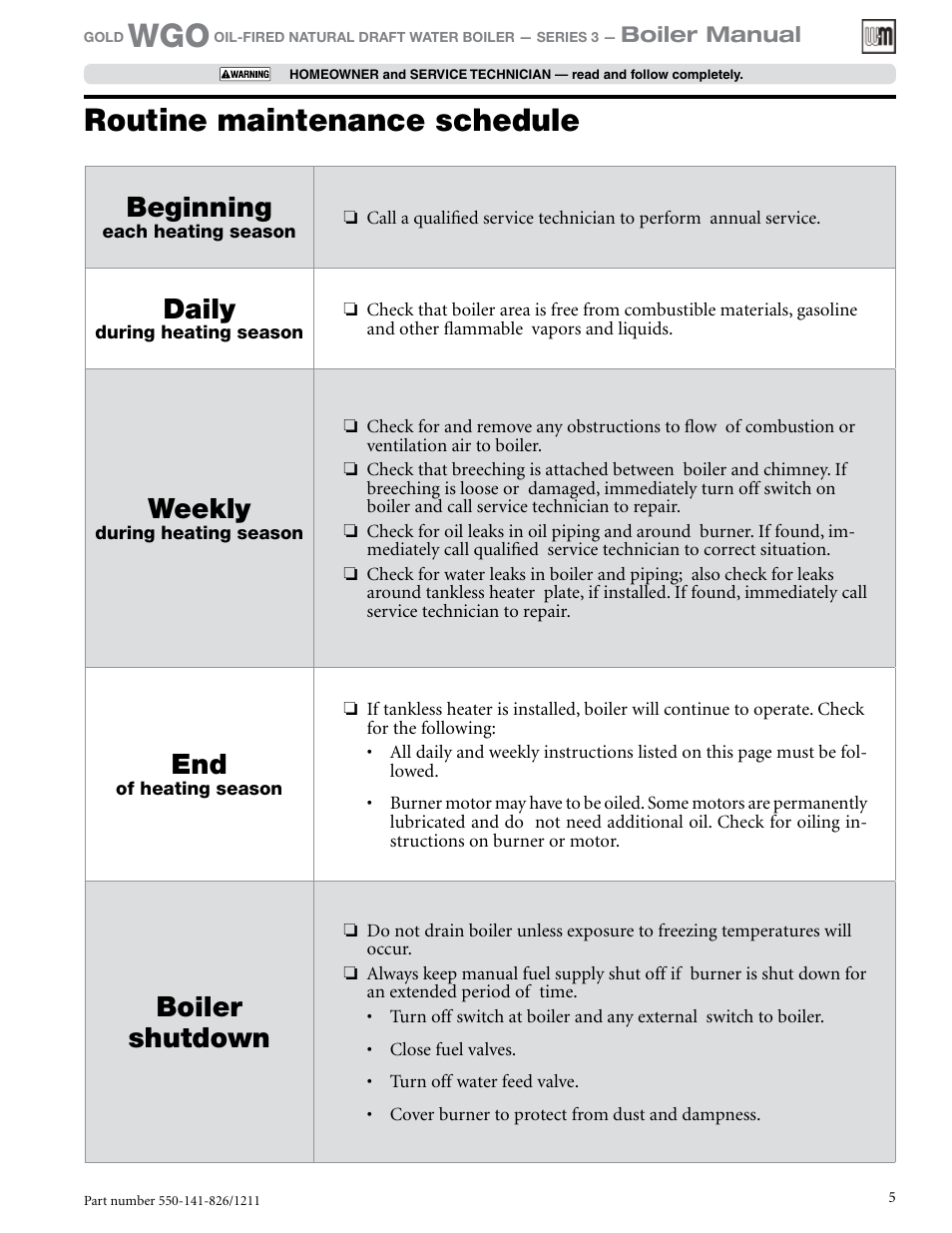 Routine maintenance schedule, Beginning, Daily | Weekly, Boiler shutdown | Weil-McLain 550-141-826/1201 User Manual | Page 5 / 44