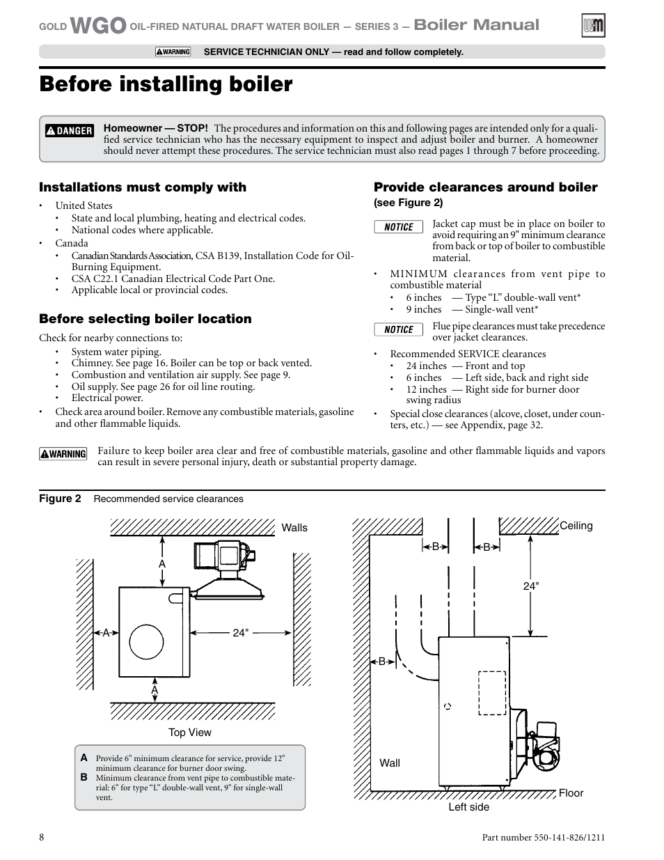 Before installing boiler, Boiler manual | Weil-McLain 550-141-826/1201 User Manual | Page 8 / 44