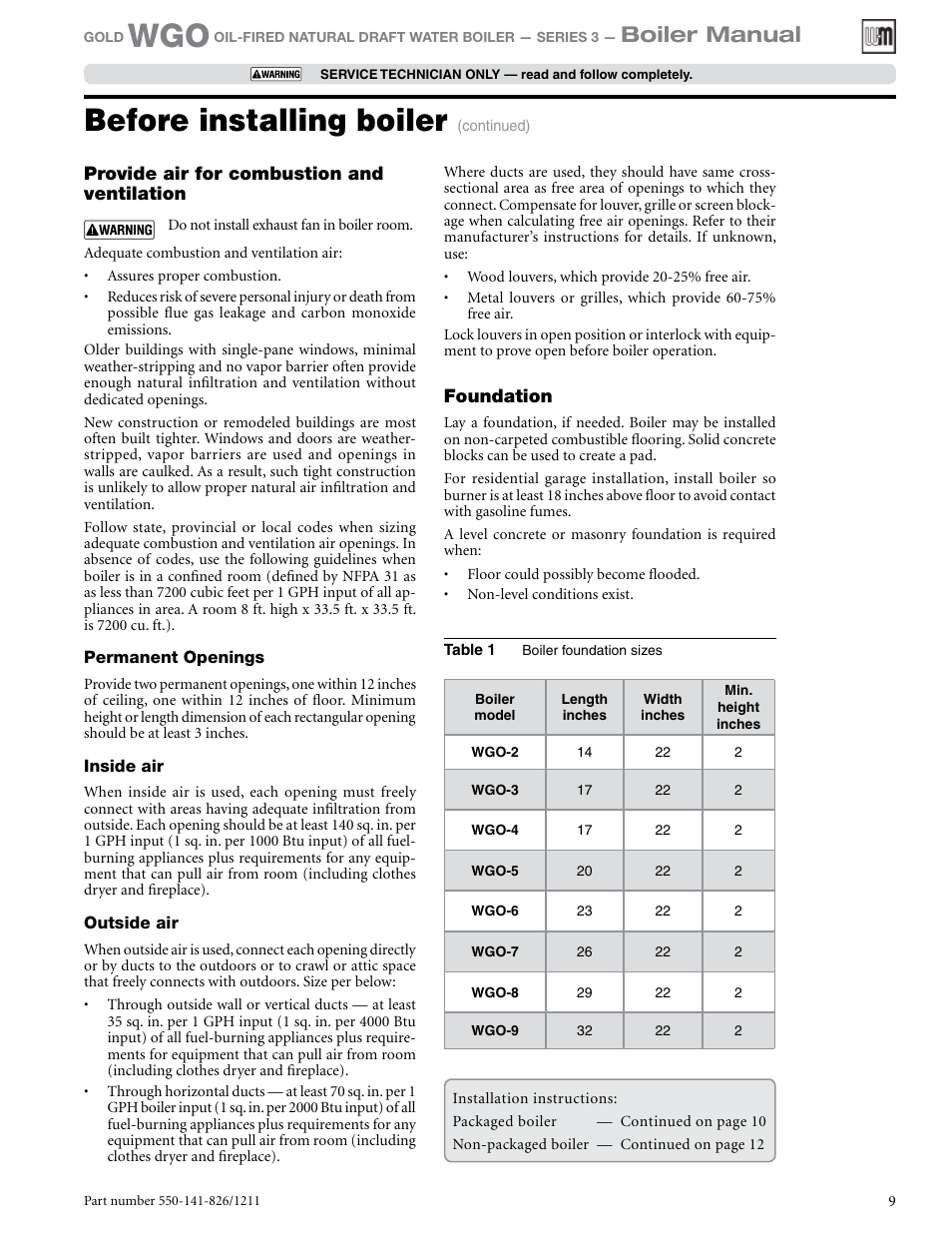 Before installing boiler, Boiler manual | Weil-McLain 550-141-826/1201 User Manual | Page 9 / 44