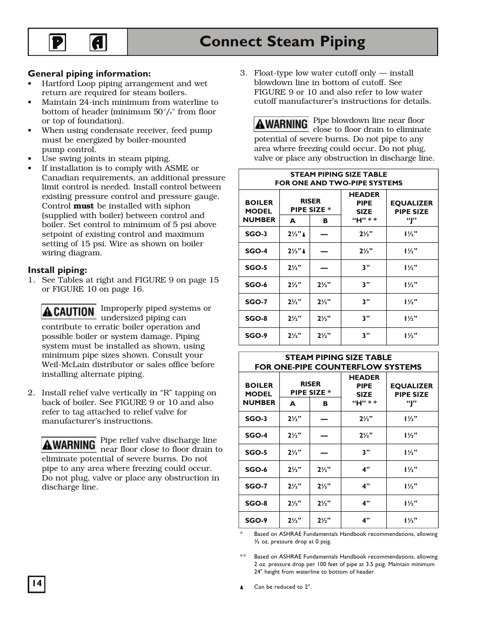 Connect steam piping, General piping information, Install piping | Weil-McLain 550-141-829/1201 User Manual | Page 14 / 32