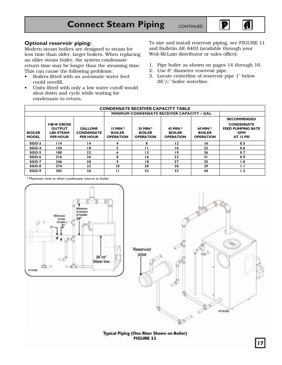 Connect steam piping, Optional reservoir piping | Weil-McLain 550-141-829/1201 User Manual | Page 17 / 32