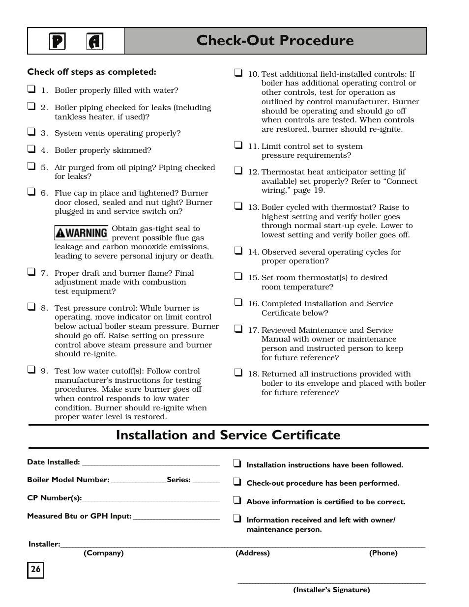 Check-out procedure, Installation and service certificate | Weil-McLain 550-141-829/1201 User Manual | Page 26 / 32