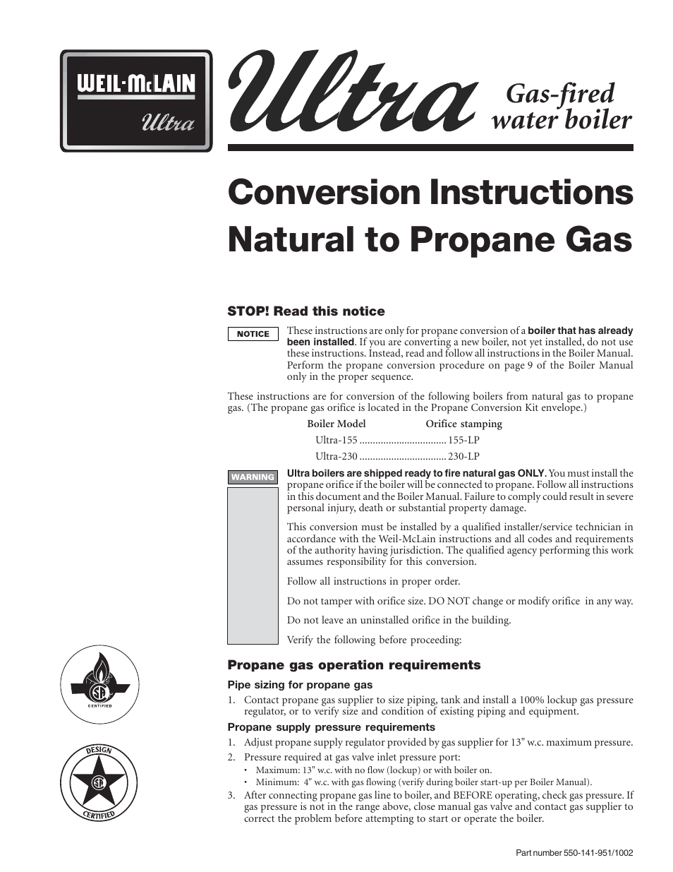 Weil-McLain ULTRA 550-141-951/1002 User Manual | 2 pages