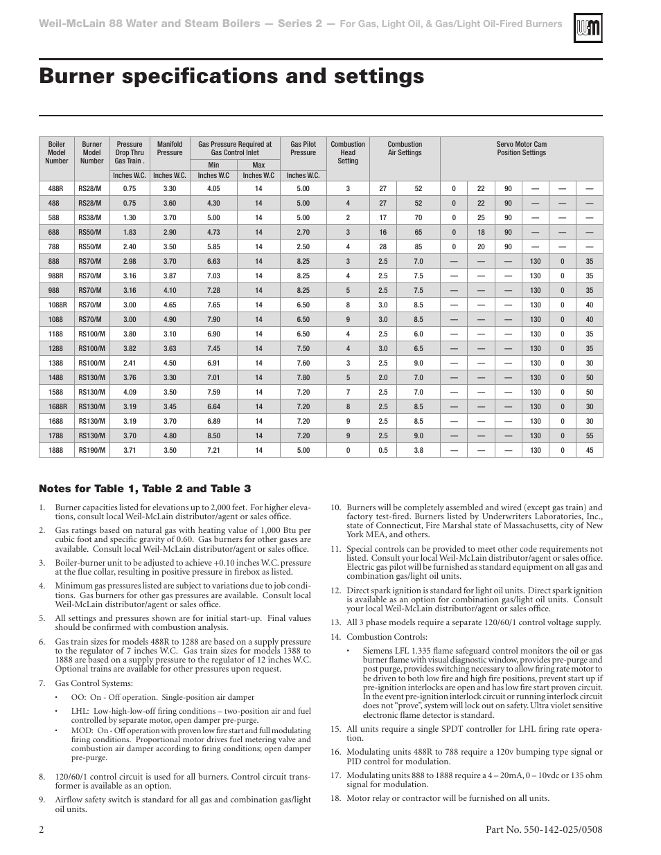 Burner specifications and settings, Weil-mclain 88 water and steam boilers — series 2, Table 1 | Weil-McLain RS User Manual | Page 2 / 4