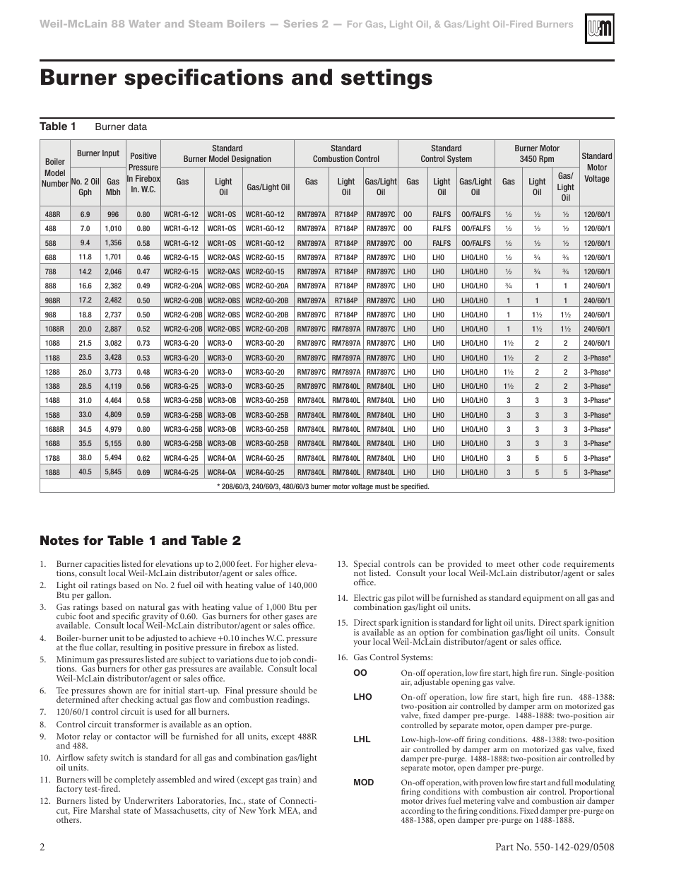 Burner specifications and settings, Weil-mclain 88 water and steam boilers — series 2, Table 1 | Weil-McLain WCR User Manual | Page 2 / 4