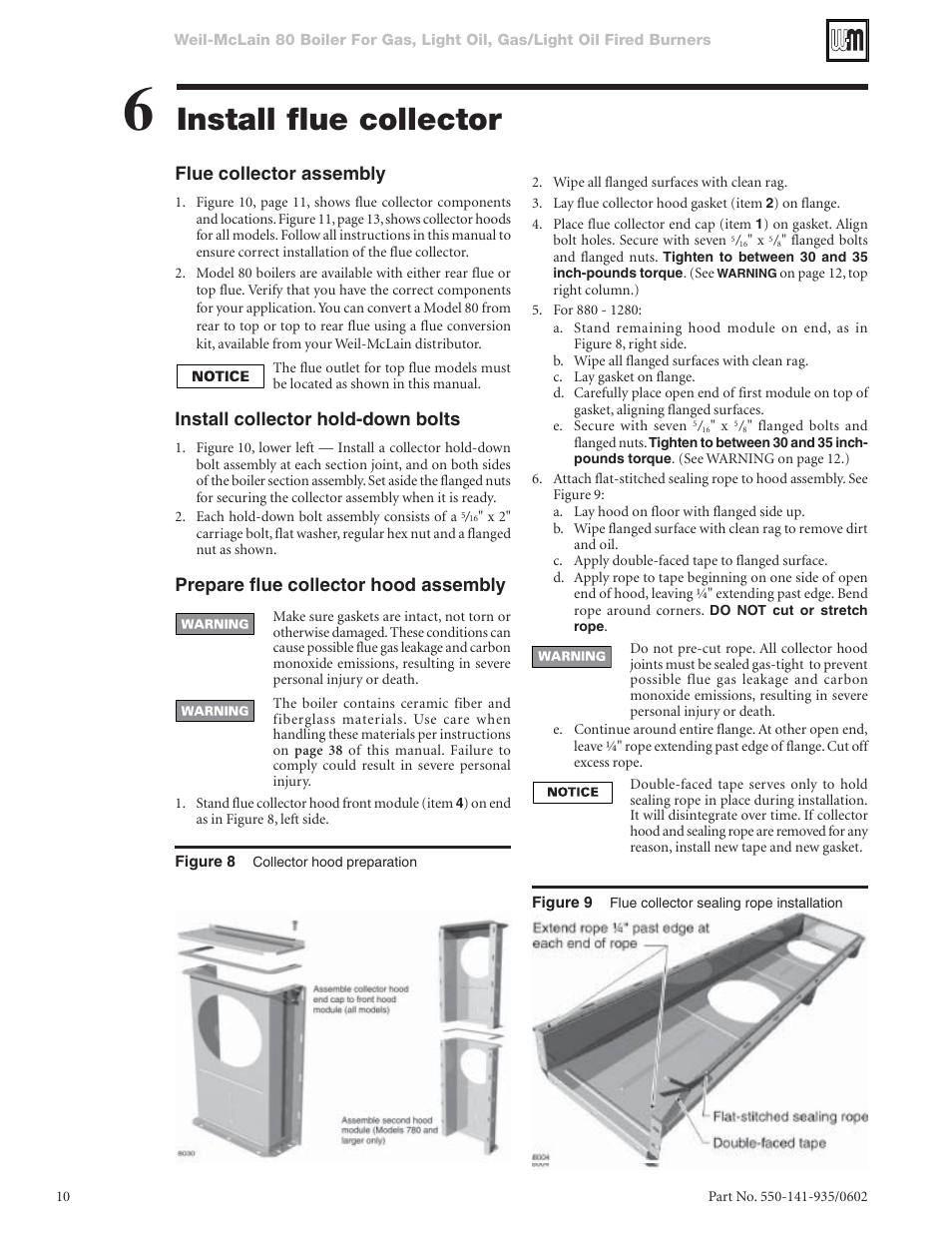 Install flue collector, Flue collector assembly, Install collector hold-down bolts | Prepare flue collector hood assembly | Weil-McLain 80 User Manual | Page 10 / 40