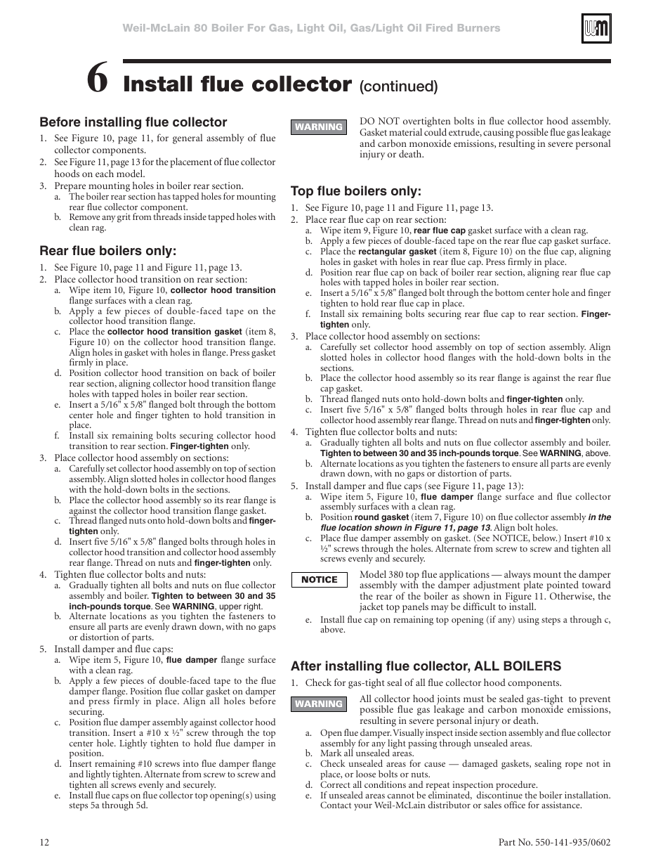 Install flue collector, Continued), Before installing flue collector | Rear flue boilers only, Top flue boilers only, After installing flue collector, all boilers | Weil-McLain 80 User Manual | Page 12 / 40