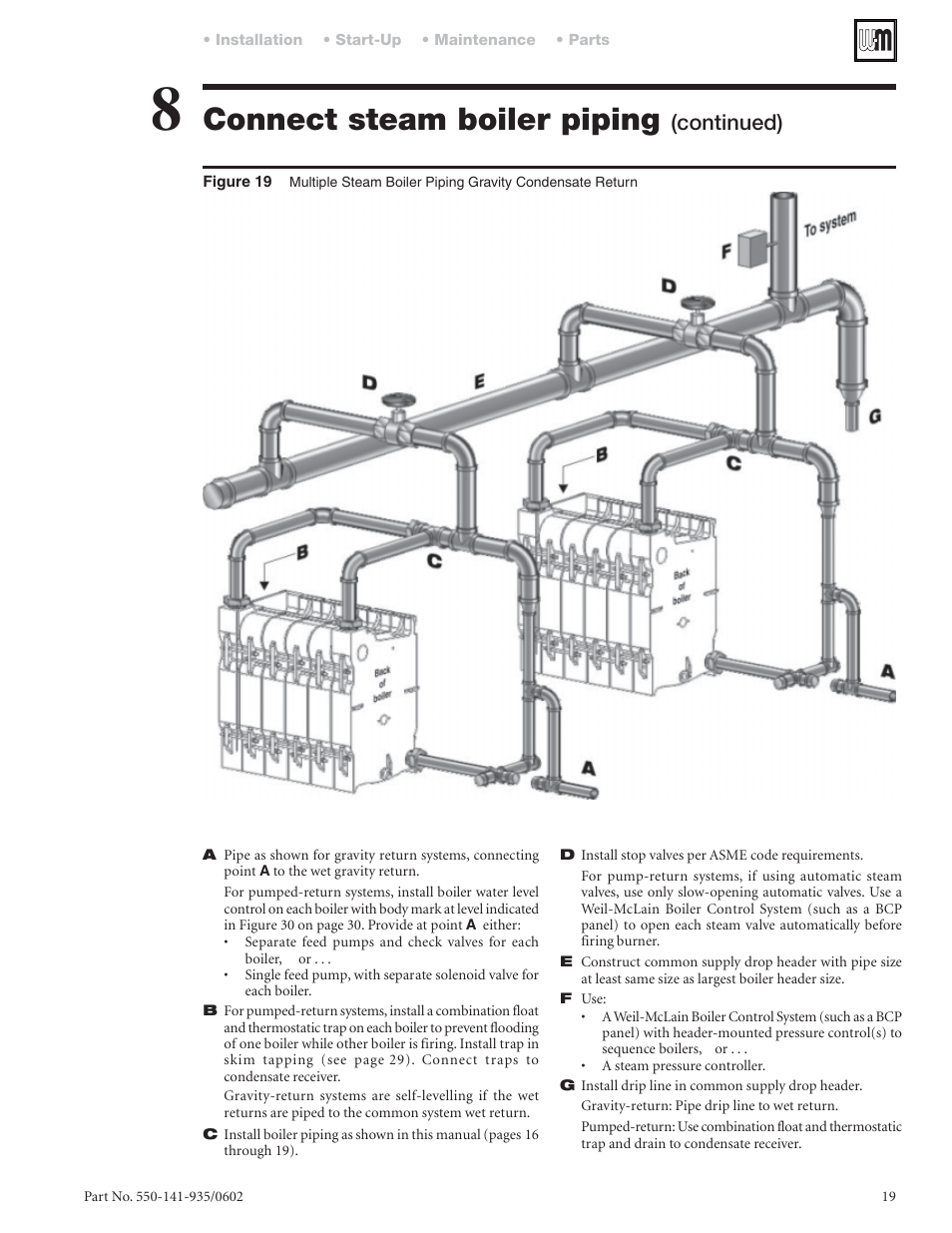 Connect steam boiler piping, Continued) | Weil-McLain 80 User Manual | Page 19 / 40