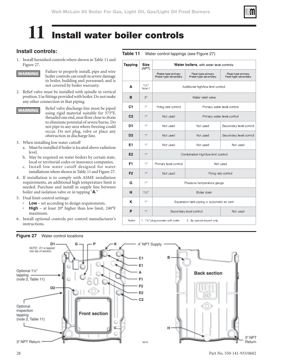 Install water boiler controls | Weil-McLain 80 User Manual | Page 28 / 40