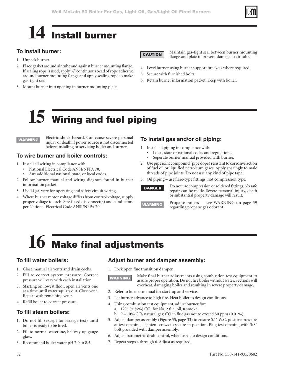 Install burner, Wiring and fuel piping make final adjustments | Weil-McLain 80 User Manual | Page 32 / 40
