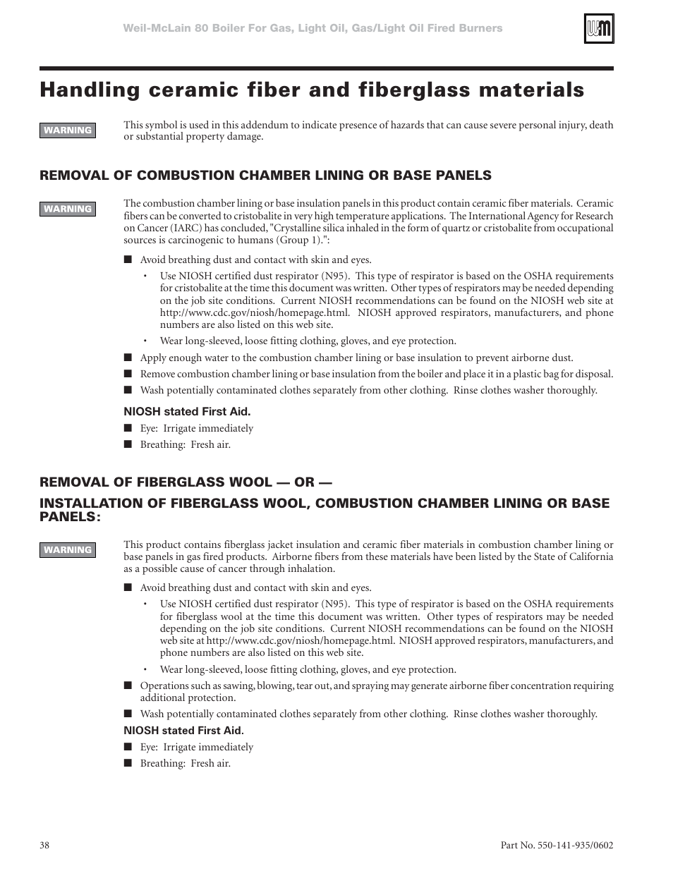 Handling ceramic fiber and fiberglass materials | Weil-McLain 80 User Manual | Page 38 / 40