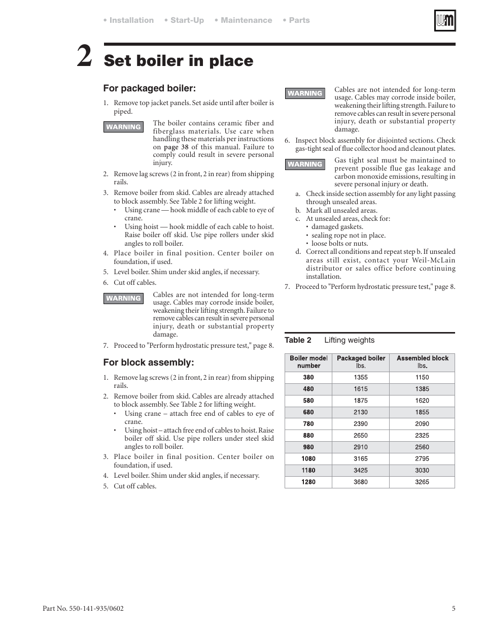 Set boiler in place | Weil-McLain 80 User Manual | Page 5 / 40