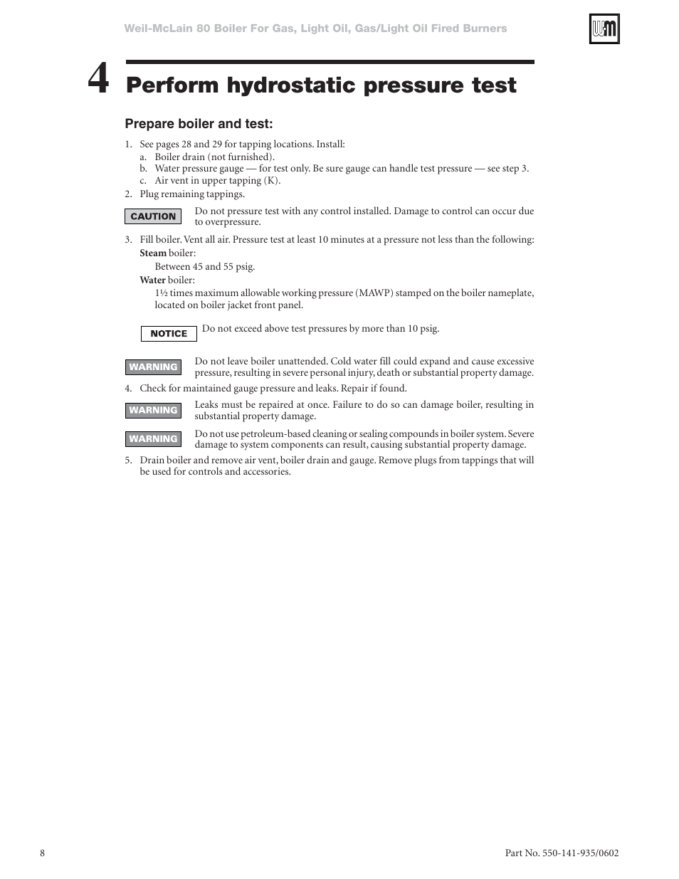 Perform hydrostatic pressure test | Weil-McLain 80 User Manual | Page 8 / 40