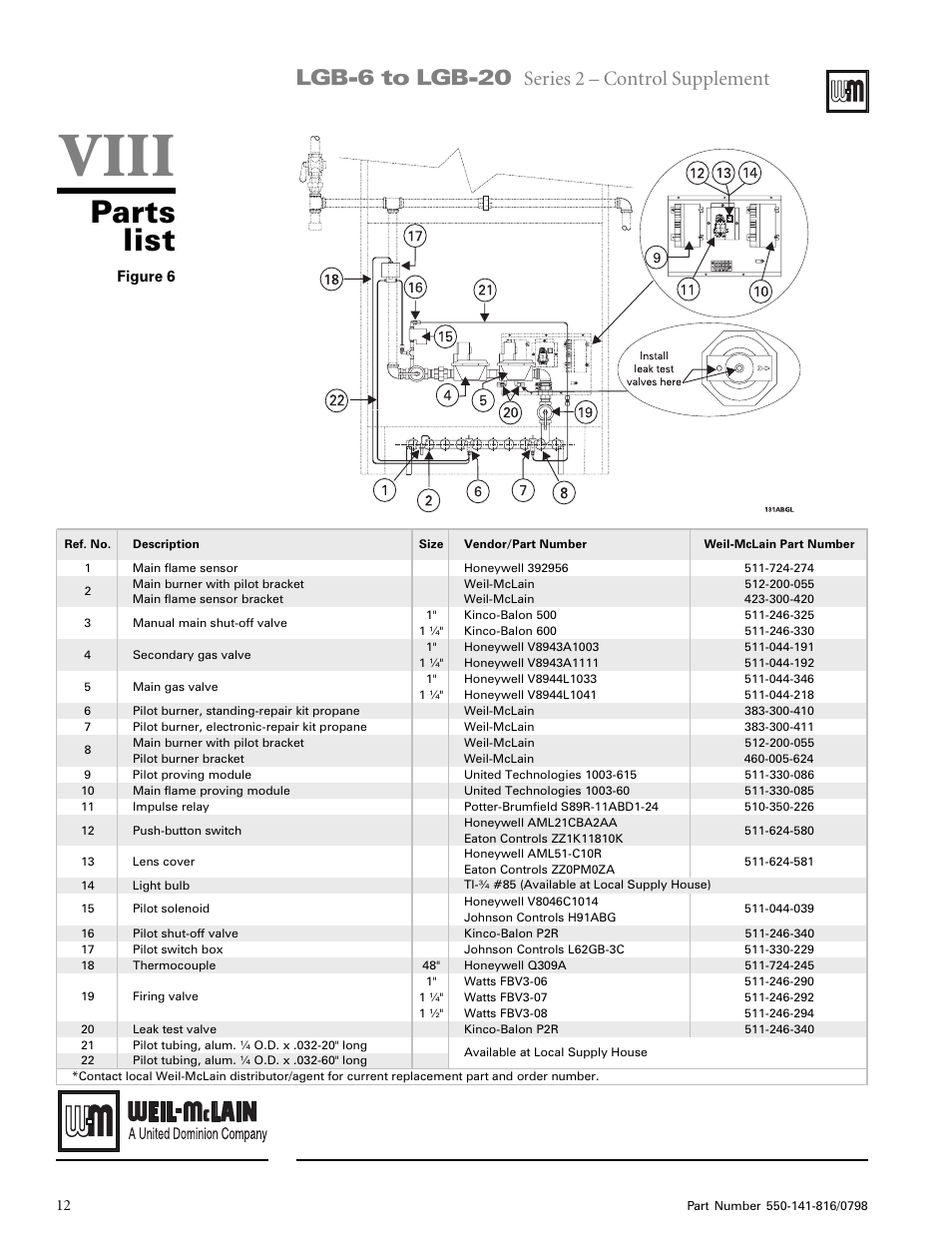 Parts list, Viii, Lgb-6 to lgb-20 | Series 2 – control supplement | Weil-McLain LGB 6-20 Series User Manual | Page 11 / 11