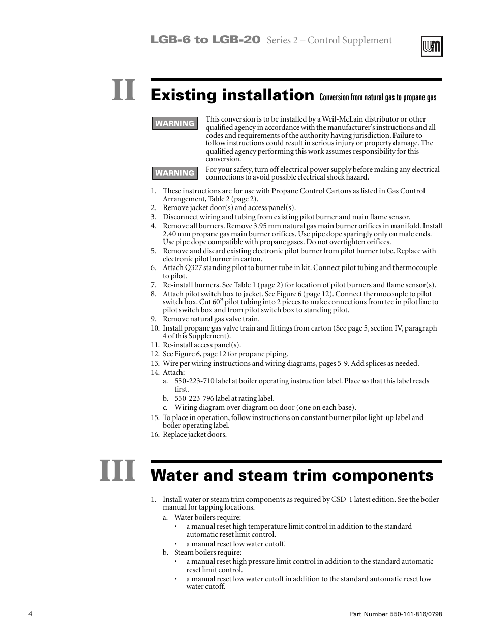 Existing installation, Water and steam trim, Components | Nents, Water and steam trim compo | Weil-McLain LGB 6-20 Series User Manual | Page 4 / 11