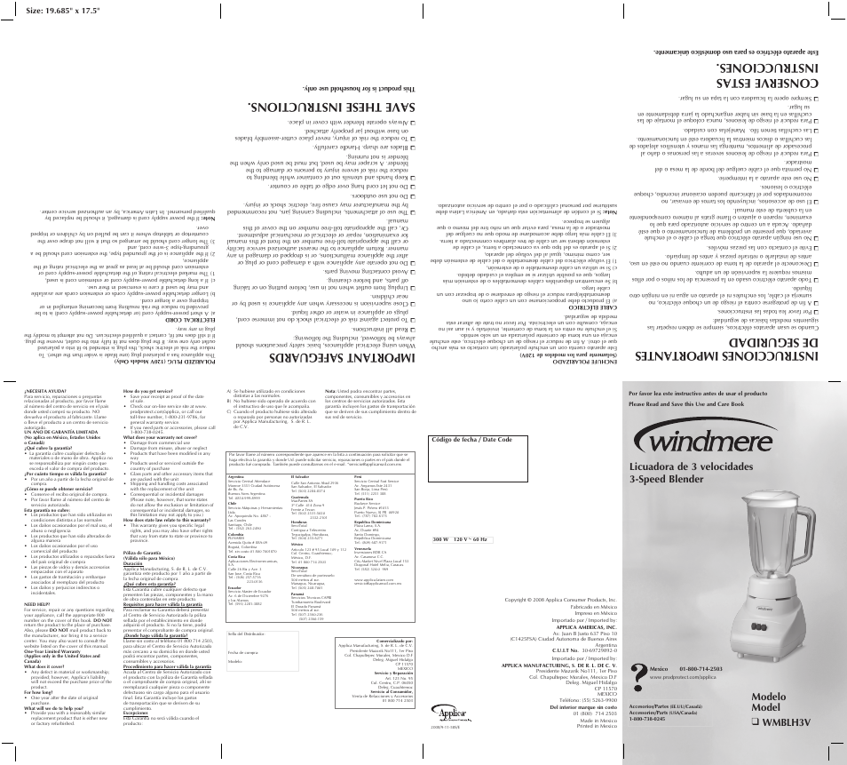 Windmere WMBLH3V User Manual | 2 pages