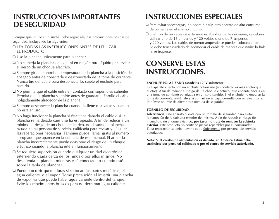 Instrucciones importantes de seguridad, Instrucciones especiales, Conserve estas instrucciones | Windmere I-210 User Manual | Page 2 / 13