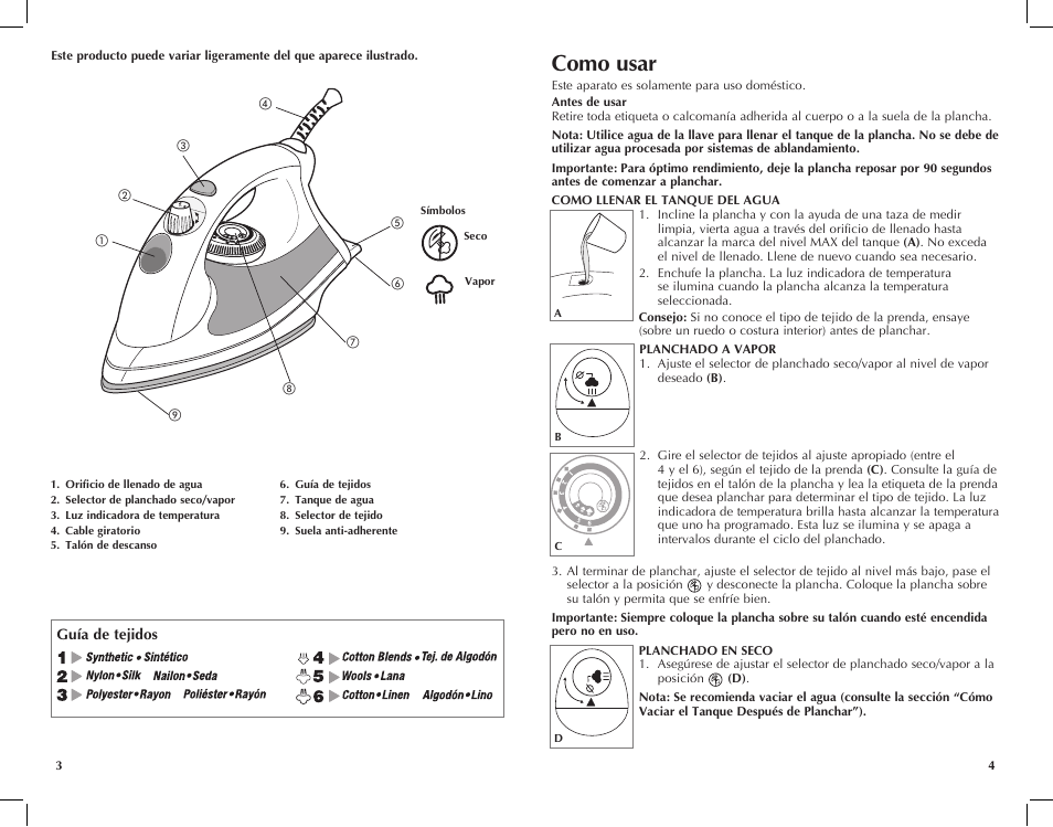 Como usar, Guía de tejidos | Windmere I-210 User Manual | Page 3 / 13