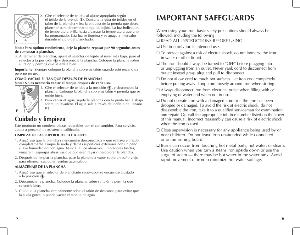 Important safeguards, Cuidado y limpieza | Windmere I-210 User Manual | Page 4 / 13