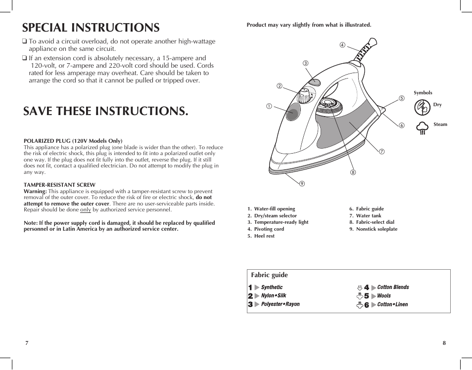 Special instructions, Save these instructions | Windmere I-210 User Manual | Page 5 / 13