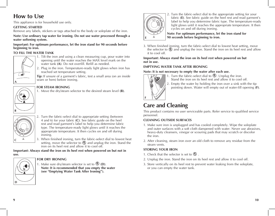 How to use, Care and cleaning | Windmere I-210 User Manual | Page 6 / 13