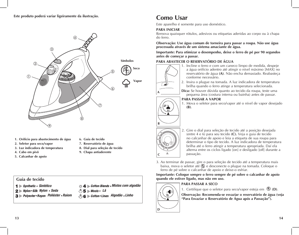 Como usar, Guia de tecido | Windmere I-210 User Manual | Page 8 / 13