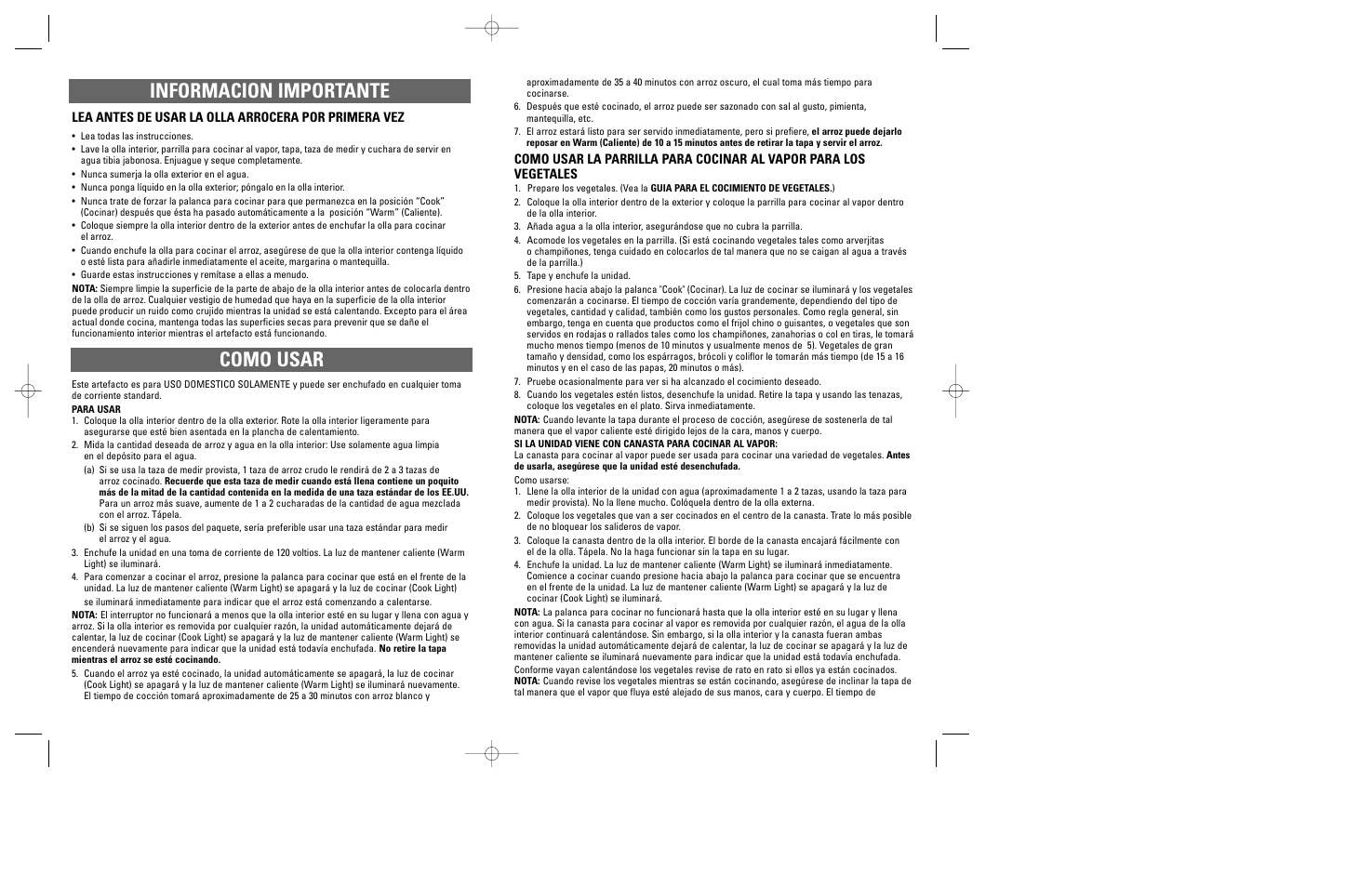 Como usar, Informacion importante, Lea antes de usar la olla arrocera por primera vez | Windmere LRC4 User Manual | Page 3 / 11