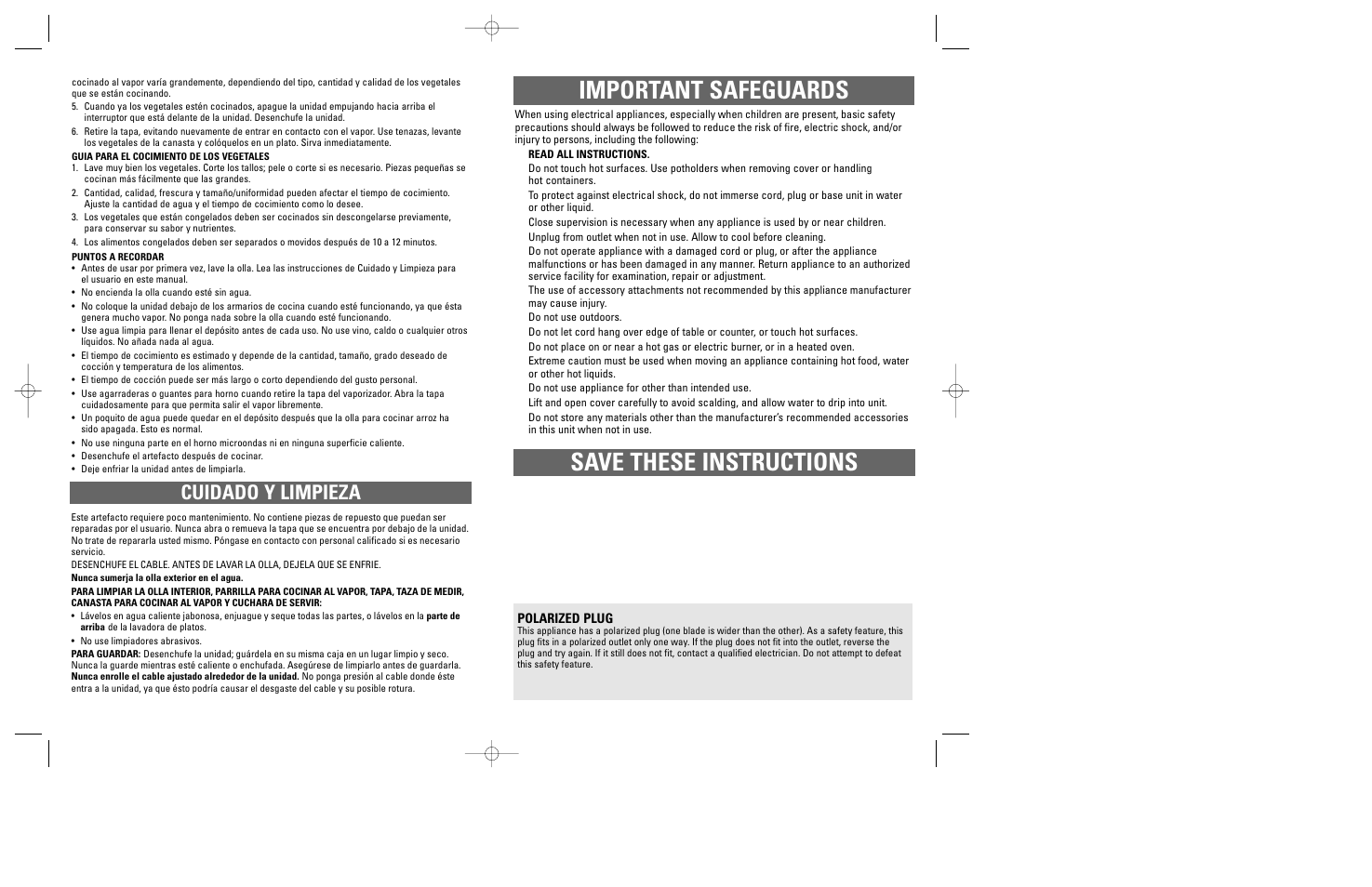 Save these instructions important safeguards, Cuidado y limpieza | Windmere LRC4 User Manual | Page 4 / 11