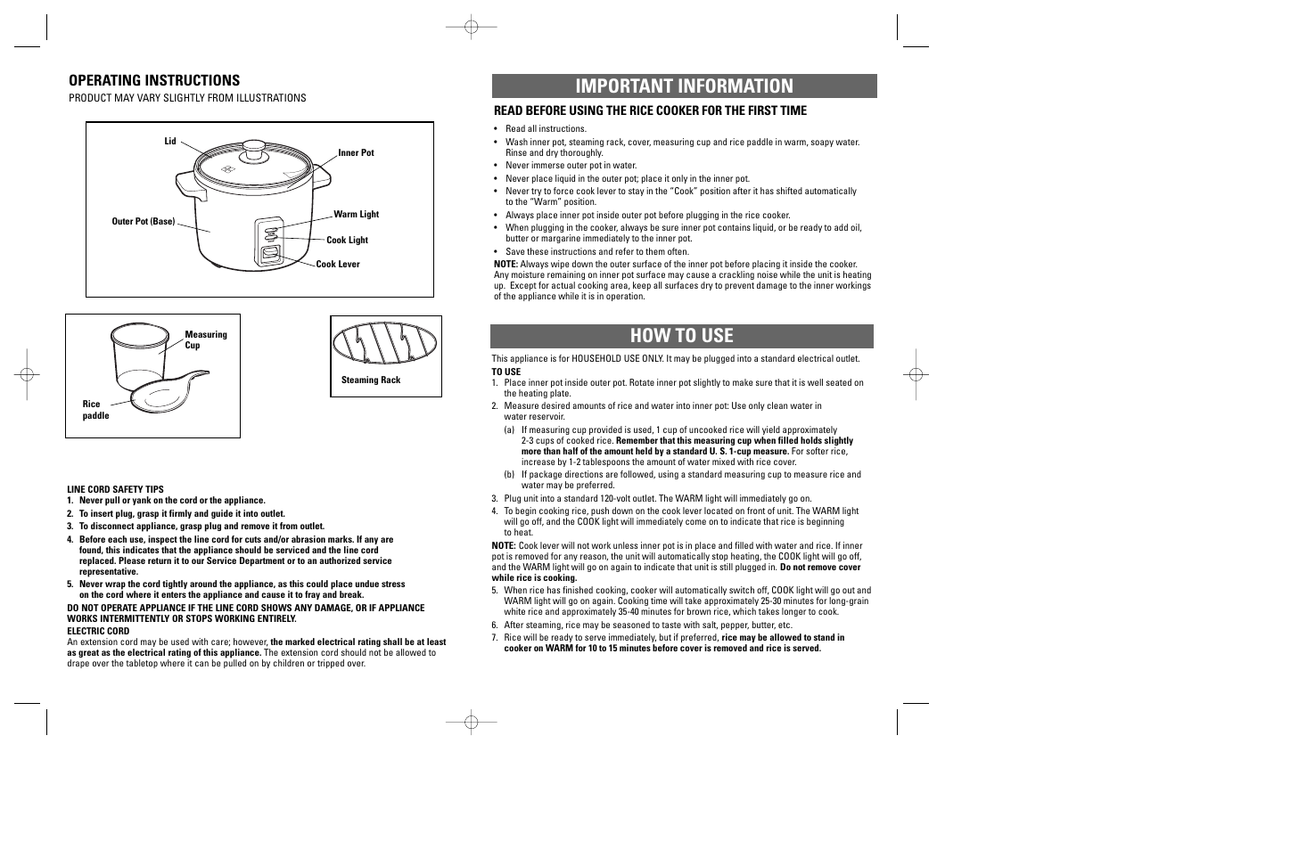 Important information, How to use, Operating instructions | Windmere LRC4 User Manual | Page 5 / 11
