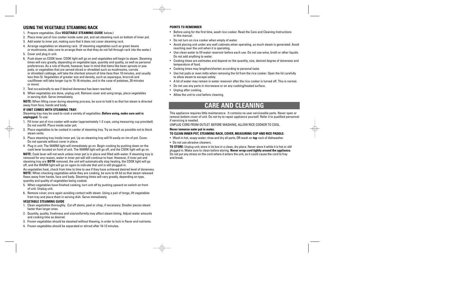 Care and cleaning, Using the vegetable steaming rack | Windmere LRC4 User Manual | Page 6 / 11