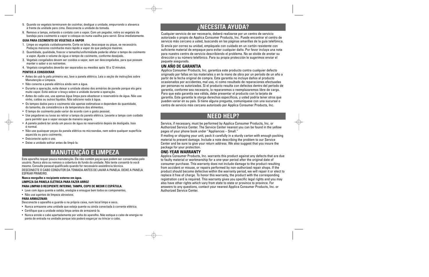 Manutenção e limpeza, Necesita ayuda? need help | Windmere LRC4 User Manual | Page 9 / 11