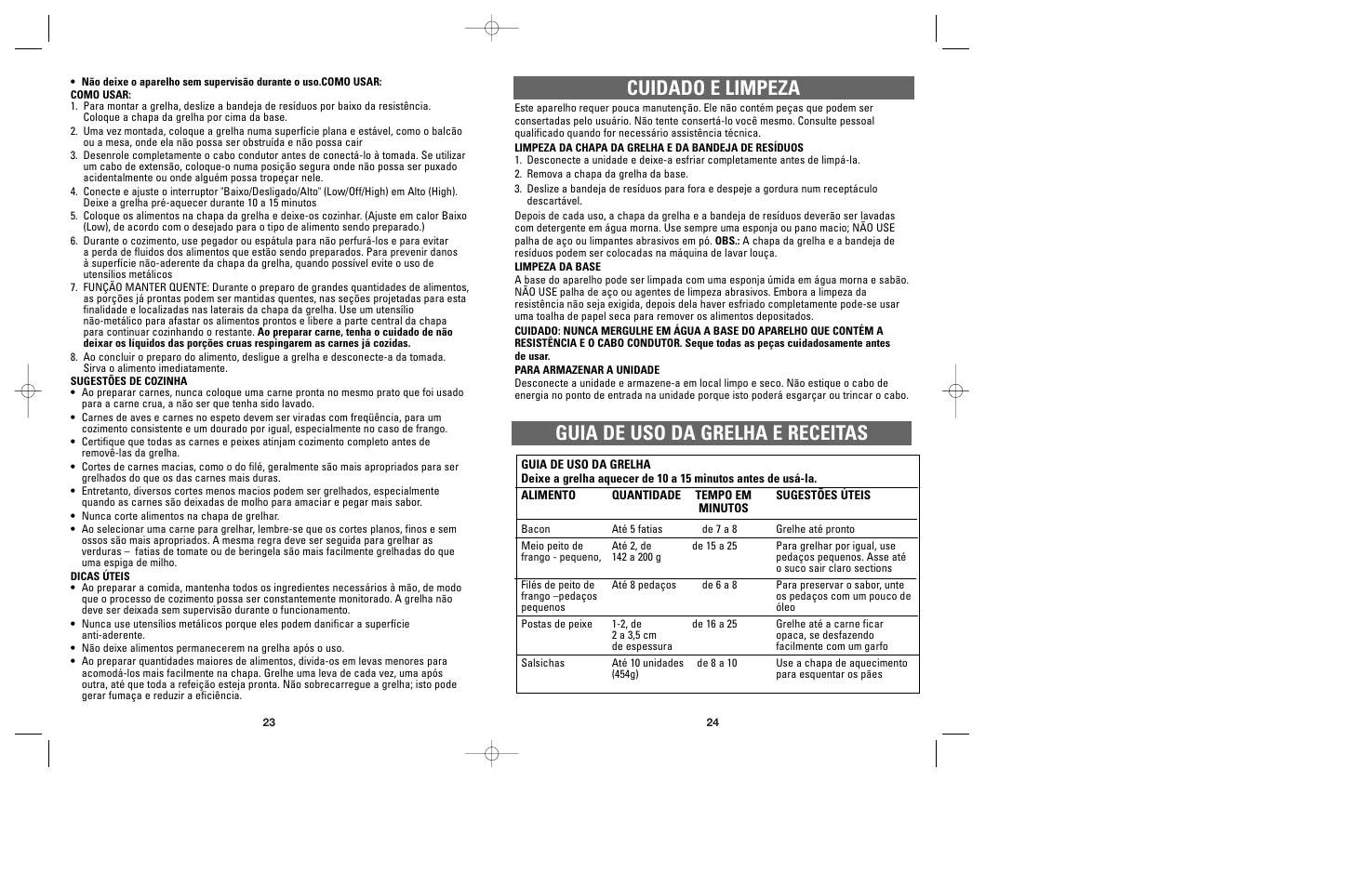 Cuidado e limpeza, Guia de uso da grelha e receitas | Windmere GG400 User Manual | Page 13 / 17