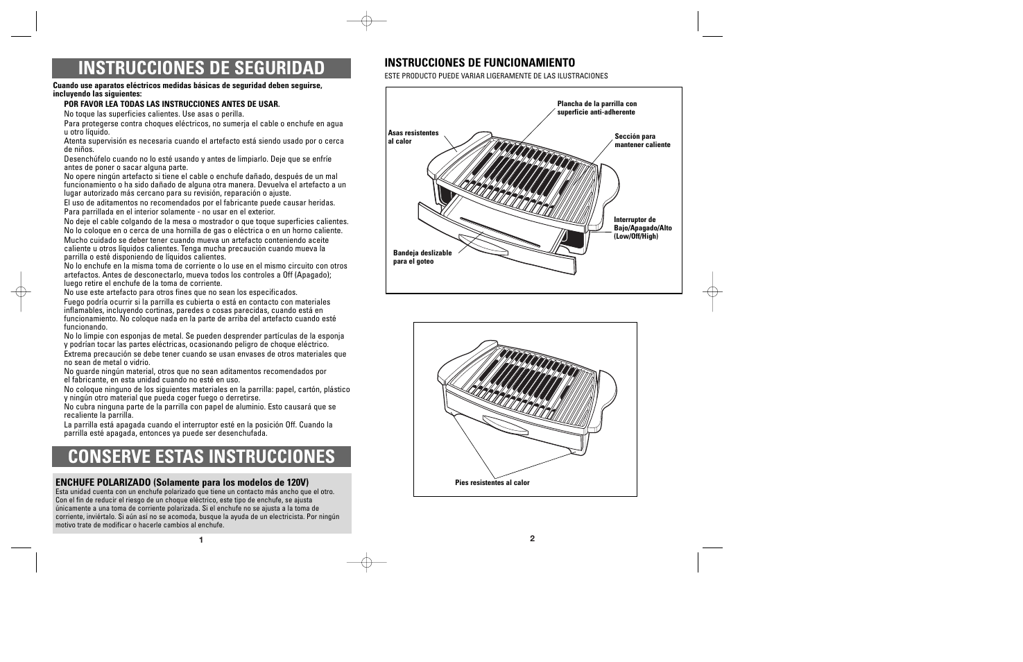 Instrucciones de funcionamiento | Windmere GG400 User Manual | Page 2 / 17