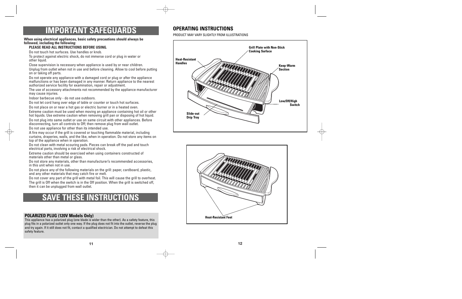 Important safeguards, Save these instructions, Operating instructions | Windmere GG400 User Manual | Page 7 / 17