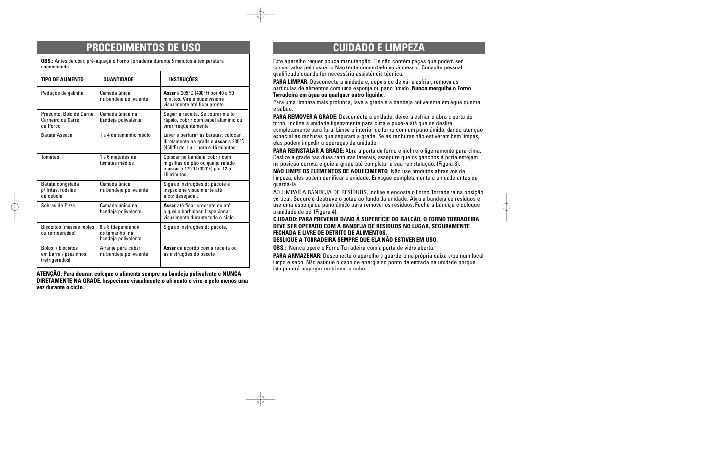 Cuidado e limpeza, Procedimentos de uso | Windmere TO2000 User Manual | Page 13 / 15