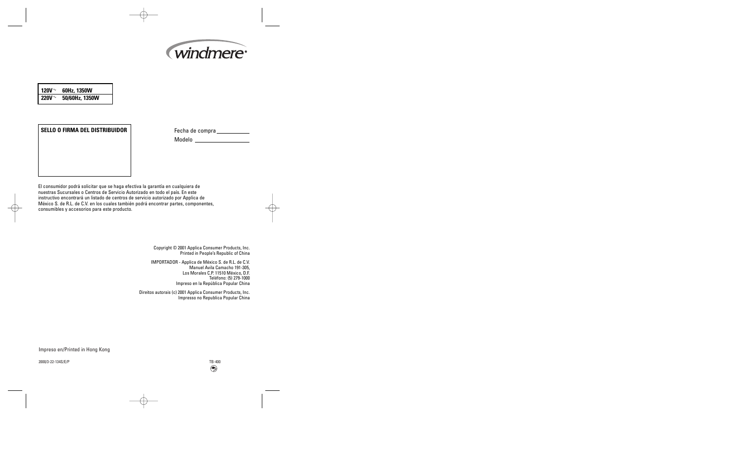 Windmere TO2000 User Manual | Page 15 / 15