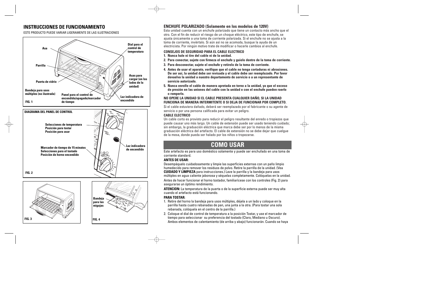 Como usar, Instrucciones de funcionamiento | Windmere TO2000 User Manual | Page 3 / 15