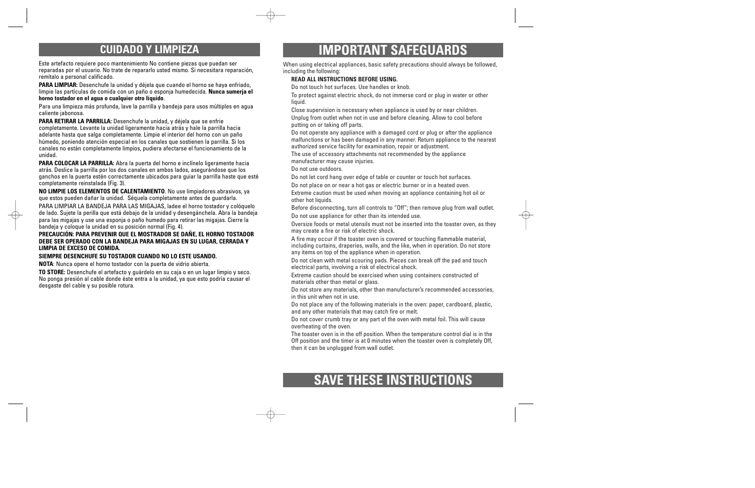 Important safeguards save these instructions, Cuidado y limpieza | Windmere TO2000 User Manual | Page 6 / 15