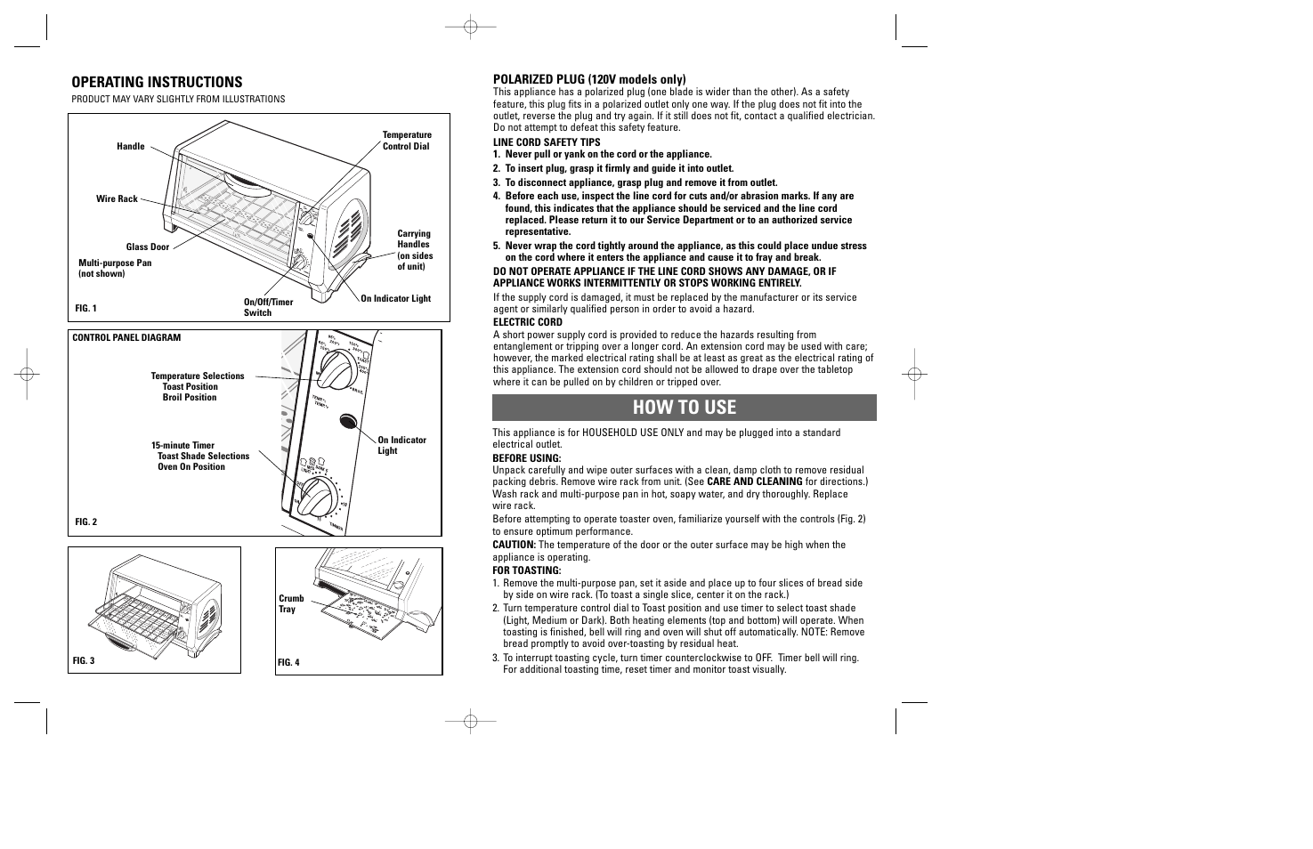 How to use, Operating instructions, Polarized plug (120v models only) | Windmere TO2000 User Manual | Page 7 / 15