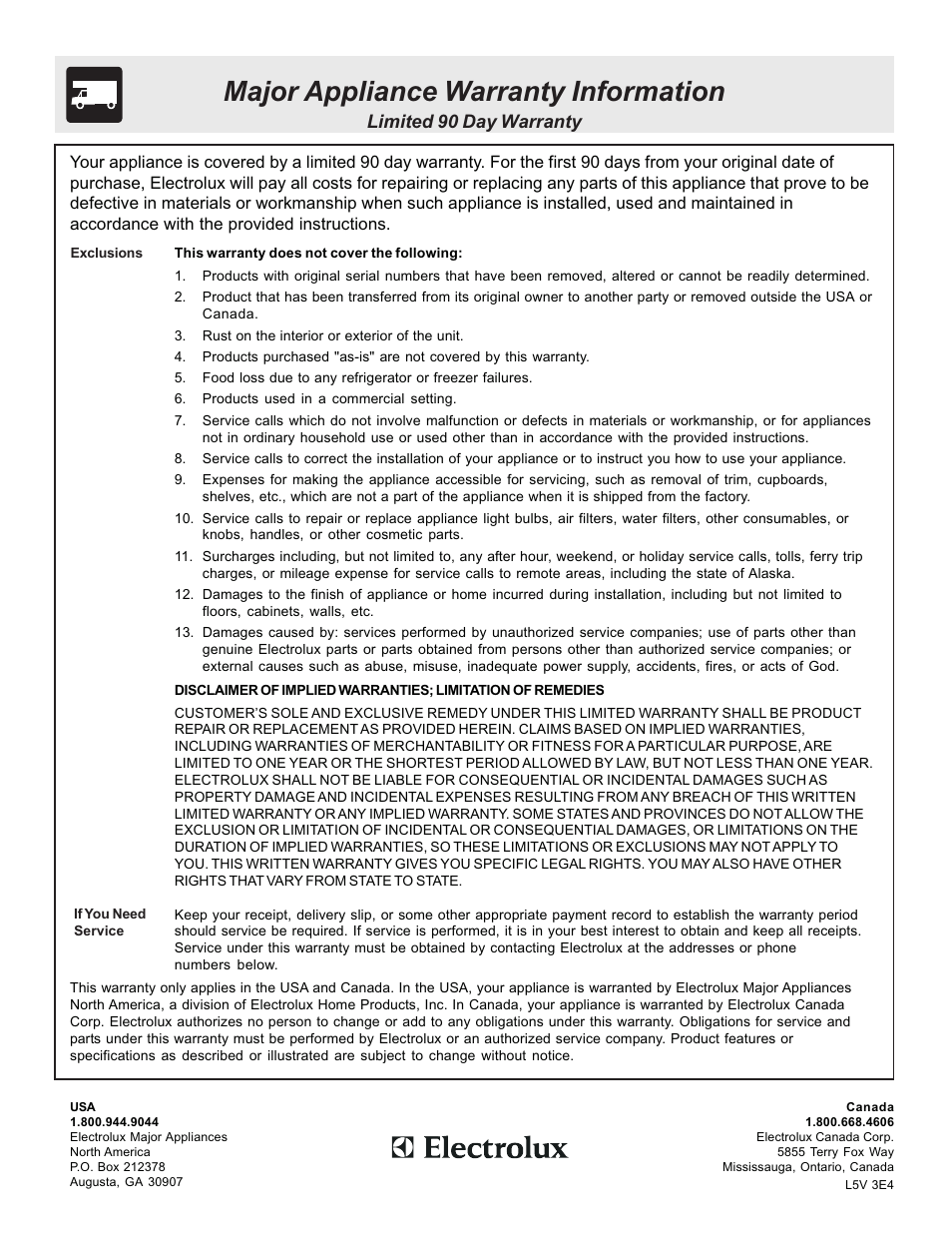 Major appliance warranty information, Limited 90 day warranty | White-Westinghouse ES100 User Manual | Page 16 / 16