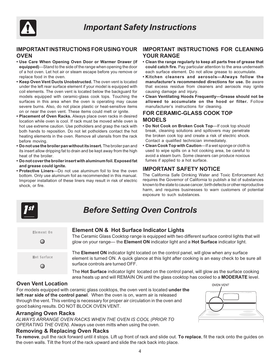 Important safety instructions, Before setting oven controls | White-Westinghouse ES100 User Manual | Page 4 / 16