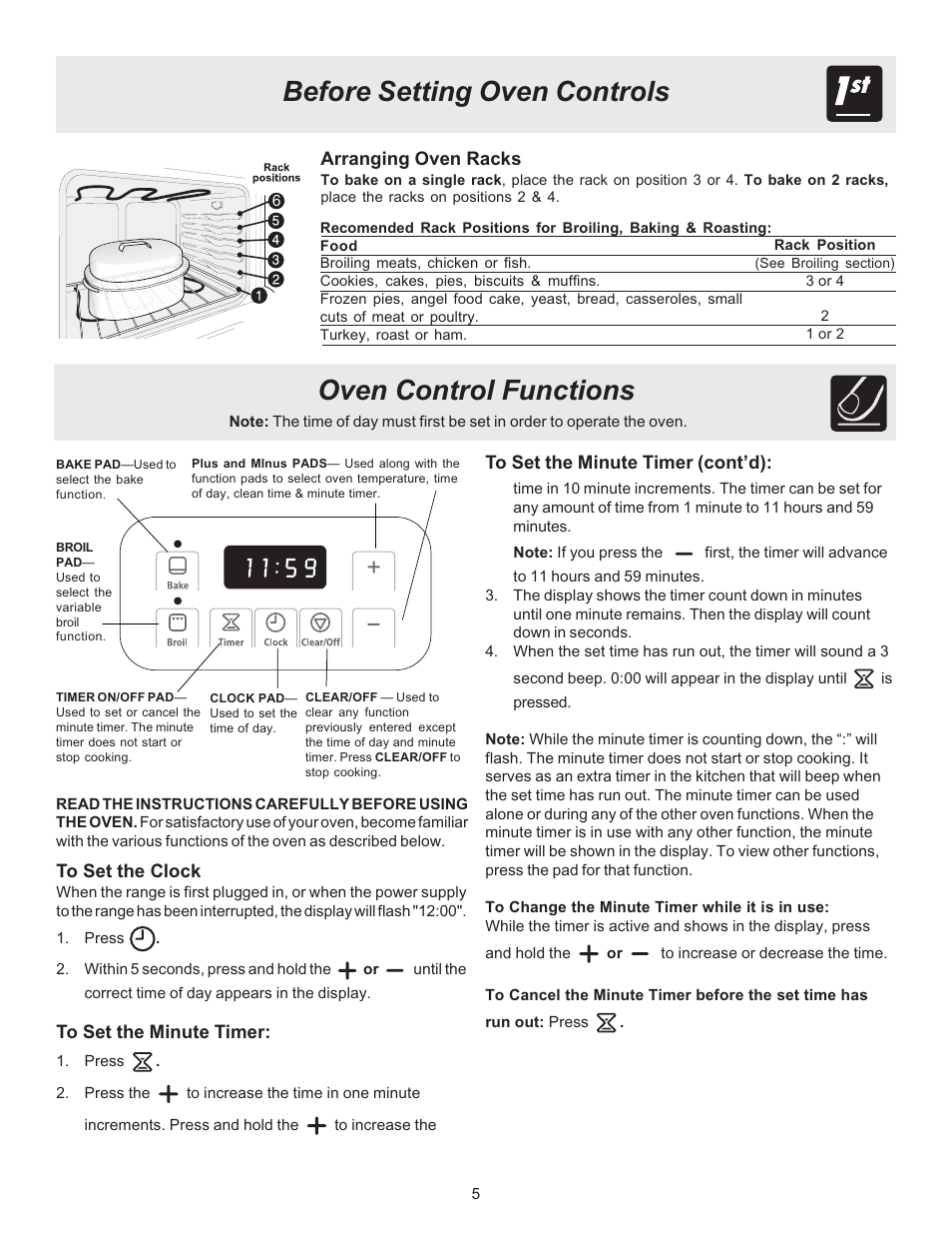 Before setting oven controls, Oven control functions | White-Westinghouse ES100 User Manual | Page 5 / 16