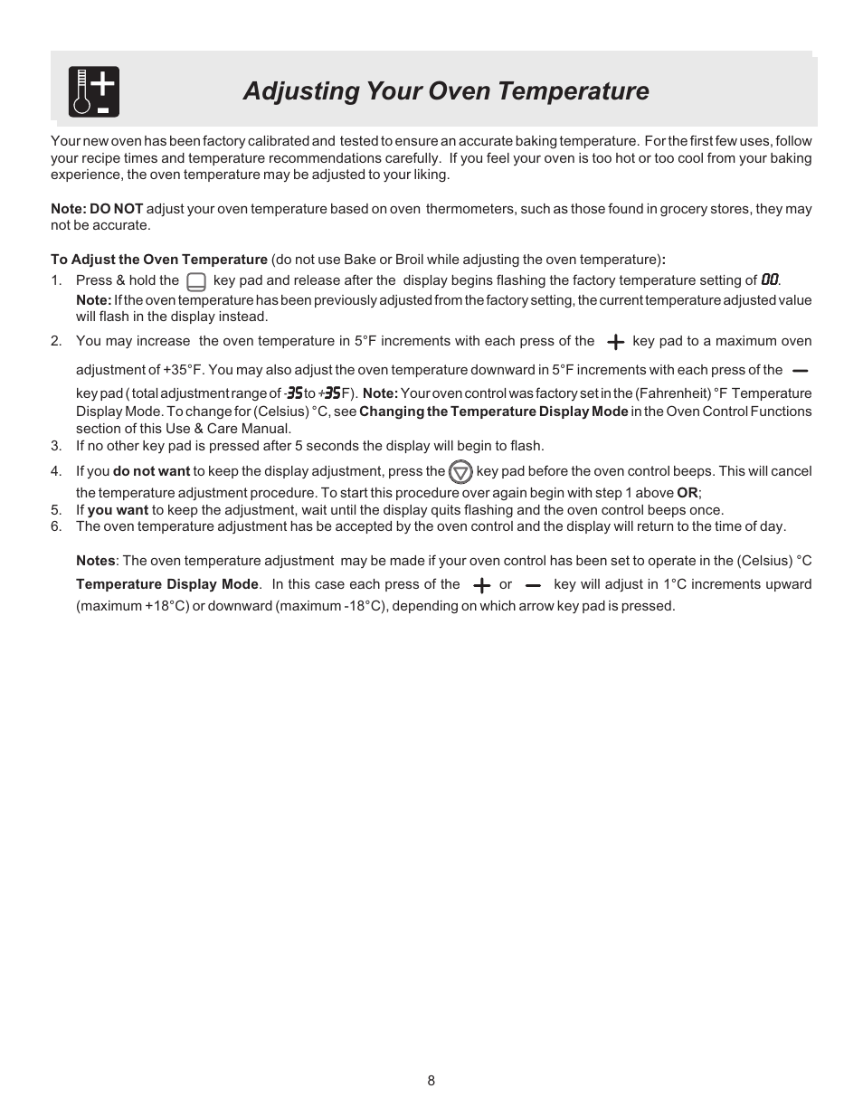 Adjusting your oven temperature | White-Westinghouse ES100 User Manual | Page 8 / 16